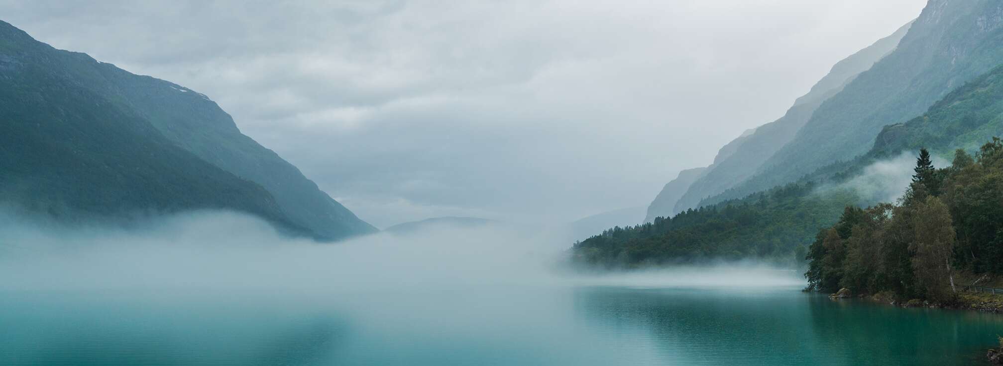 Tåge stiger fra fjorden og afslører et fredfyldt og gådefuldt landskab